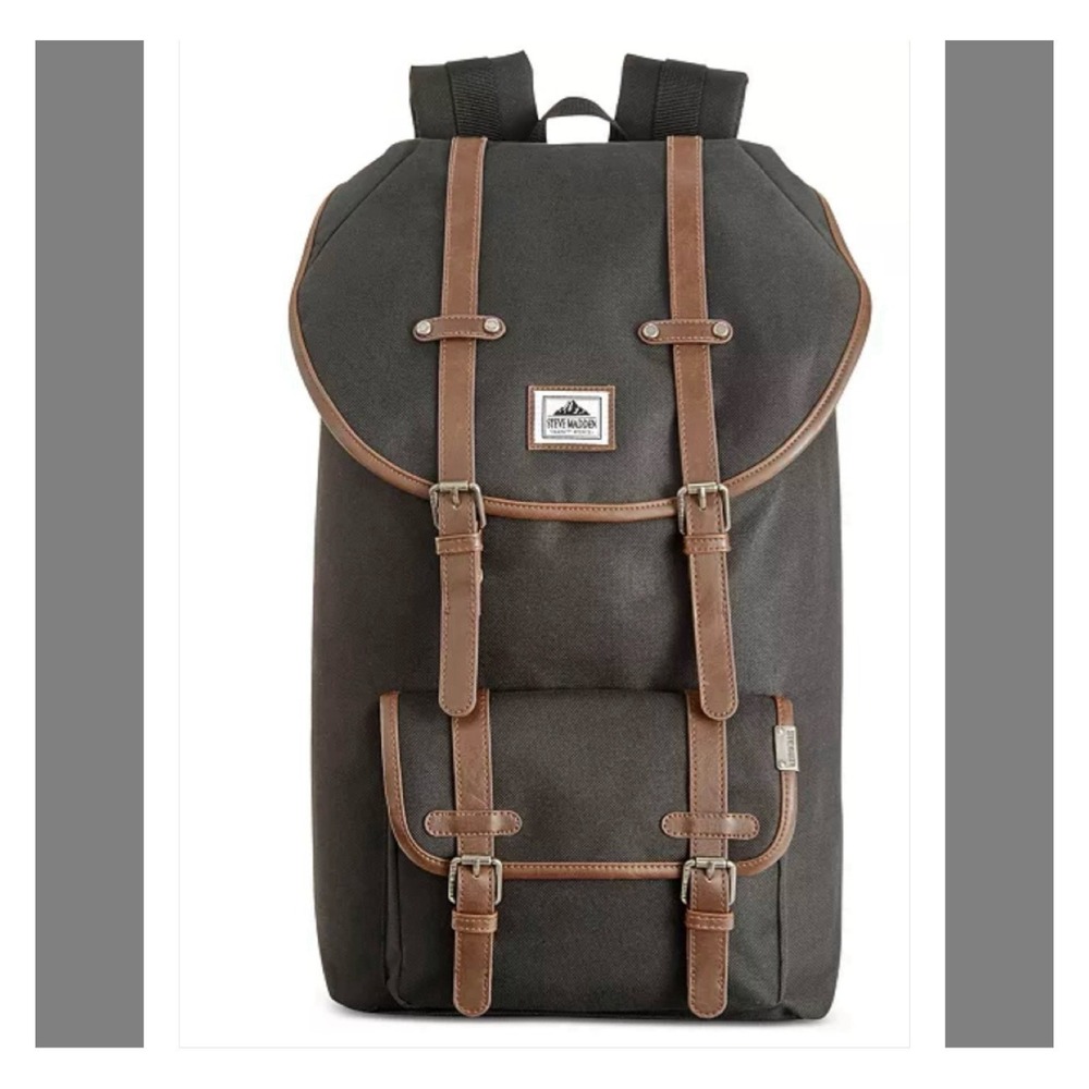 Steve Madden Barnett Avenue Utility Backpack Black Nylon Brown Faux Leather Trim